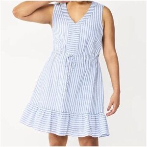 Draper James Blue White Striped Linen Cotton V‑Neck Ruffle Mini Dress XXL